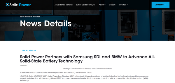  삼성SDI와 BMW와 협력하는 솔리드 파워의 홈페이지.