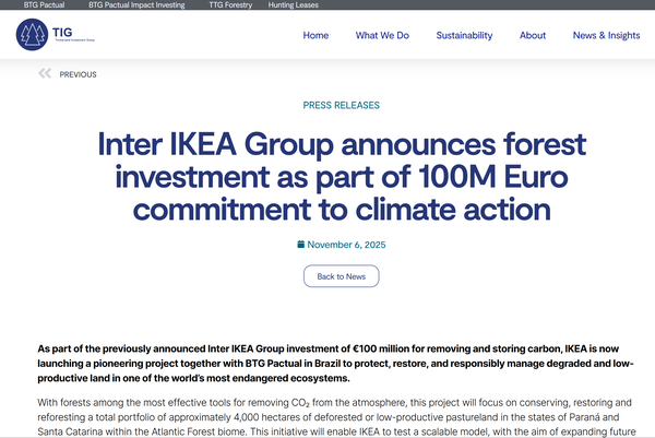  인터 이케아 그룹의 투자를 알리는 BTG 팩트추얼 팀버랜드 인베스트먼트 그룹(TIG)의 홈페이지.