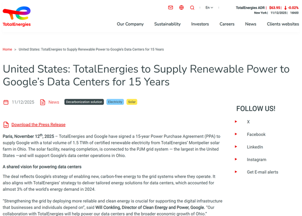  구글과의 15년간 전력 판매 계약을 알리는 토탈에너지스의 홈페이지.
