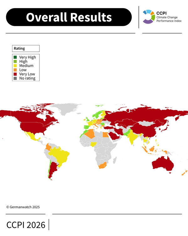 CCPI 평가국의 종합 성과를 보여주는 세계지도. 한국은 'Very Low'에 속한 것을 볼 수 있다. / 이미지 출처 CCPI 2026