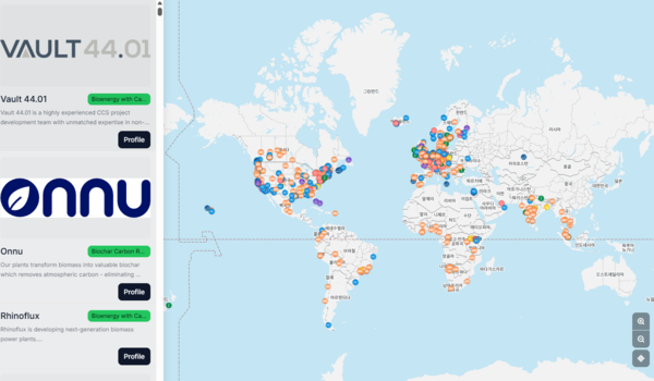 전 세계 영구적 탄소 제거(CDR) 프로젝트 분포 지도. 북미·유럽에 집중돼 있으며 바이오차·DAC·BECCS 등 주요 기술 기반 프로젝트가 표시돼 있다. / 사진 = CDR.fyi