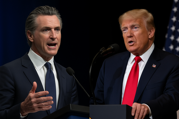 캘리포니아 주지사 개빈 뉴섬(좌), 연방 대통령 도널드 트럼프(우)의 기후 공시를 둘러싼 갈등이 법정으로까지 번졌다. 미 연방 항소법원은 캘리포니아의 기후공시 패키지 중 일부에 대해 잠정 시행중단 명력을 내렸다. / ChatGPT 이미지 생성